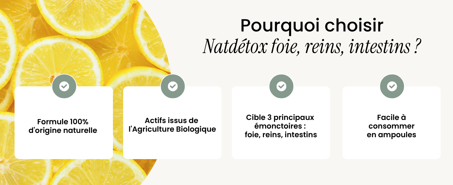 Le texte se lit comme suit : « Pourquoi choisir Nalidoux bio, vente, thérapie ? » Infographie française avec fond de tranche de citron et quatre icônes circulaires.