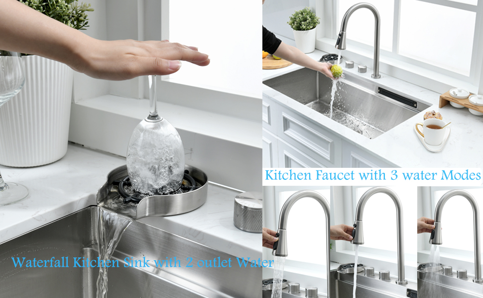 山水33 33 Inch Undermount Waterfall Kitchen Sink-Bokaiya 33x19