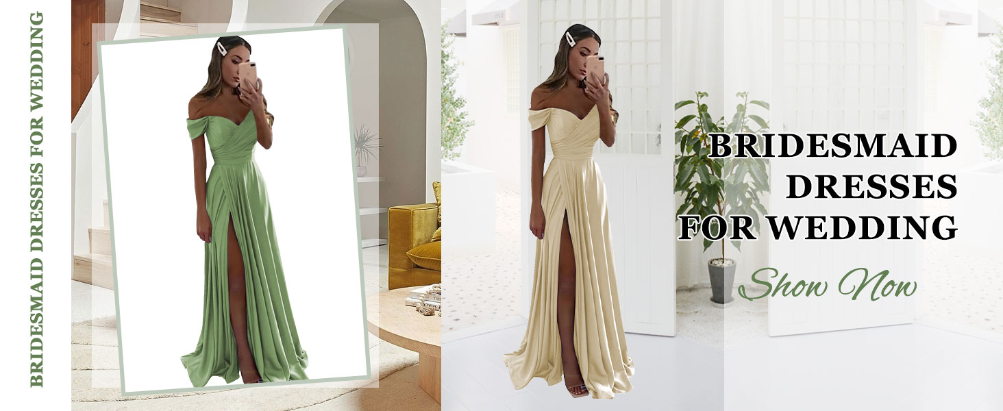 Schulterfreie Brautjungfernkleider für Damen, Satin-Ballkleider, langes Ballkleid mit Schlitz, formelles Kleid