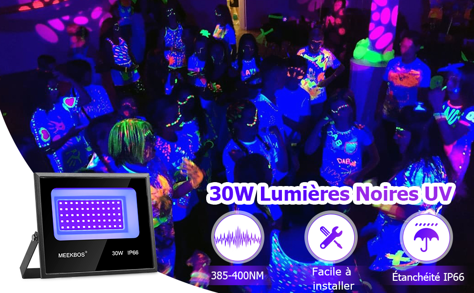 Lumiere Noire UV, 2 Unités 30W Projecteur LED UV Extérieur,385-400nm Black light IP66 Imperméable Lumière Noire Ultraviolet pour Soiree Fluo,GLOW Party,Neon Fête,Peinture Fluorescente,Halloween Lumière Noire LED UV 30W