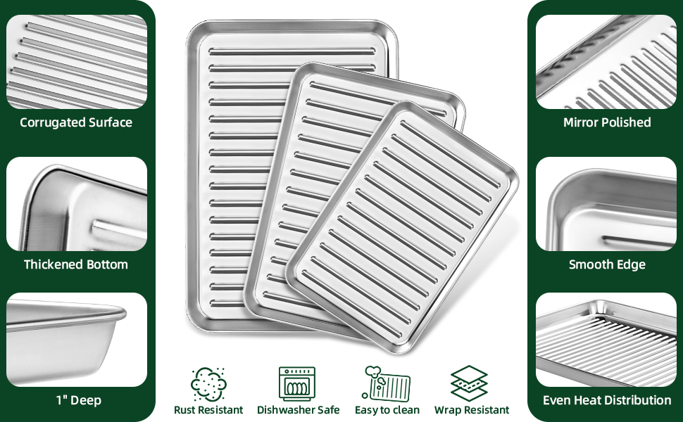 CEKEE Baking Sheet Set of 3, Stainless Steel Cookie Sheets for Baking