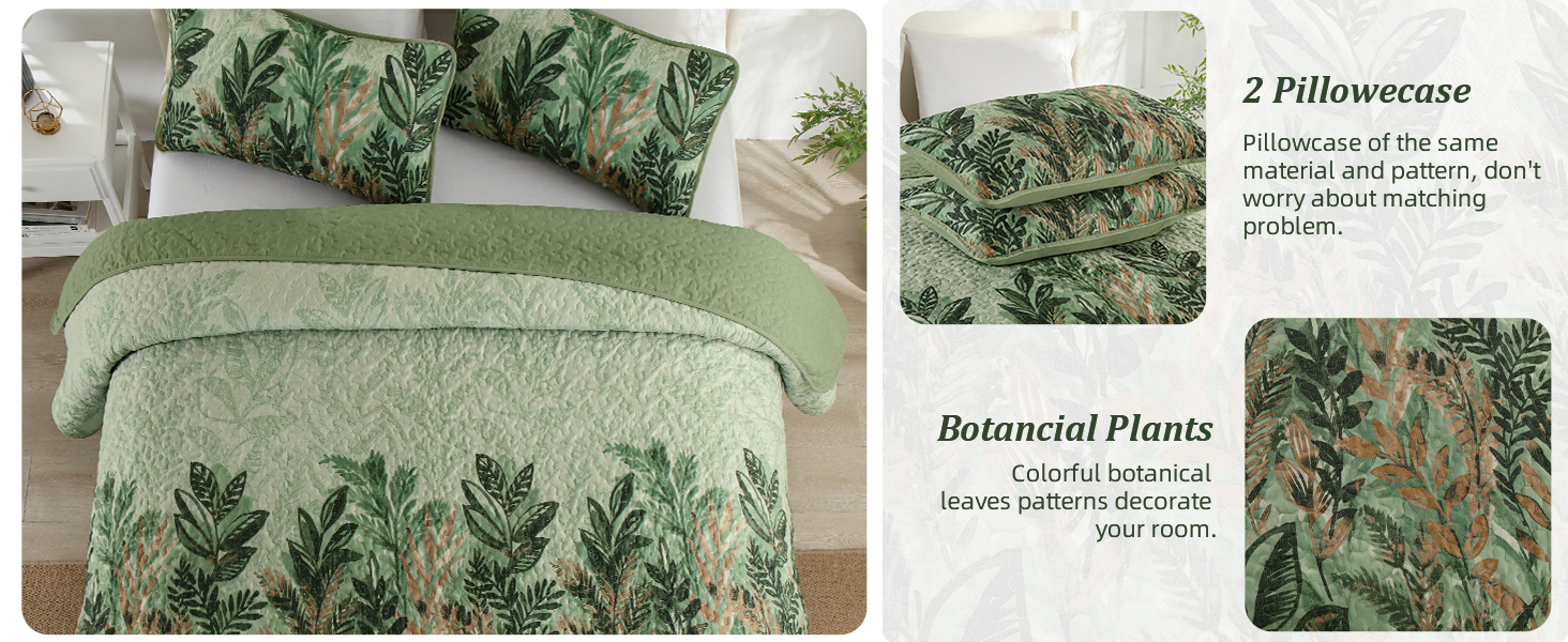 WONGS BEDDING King Size Quilts, Dark Green Botanical Plants
