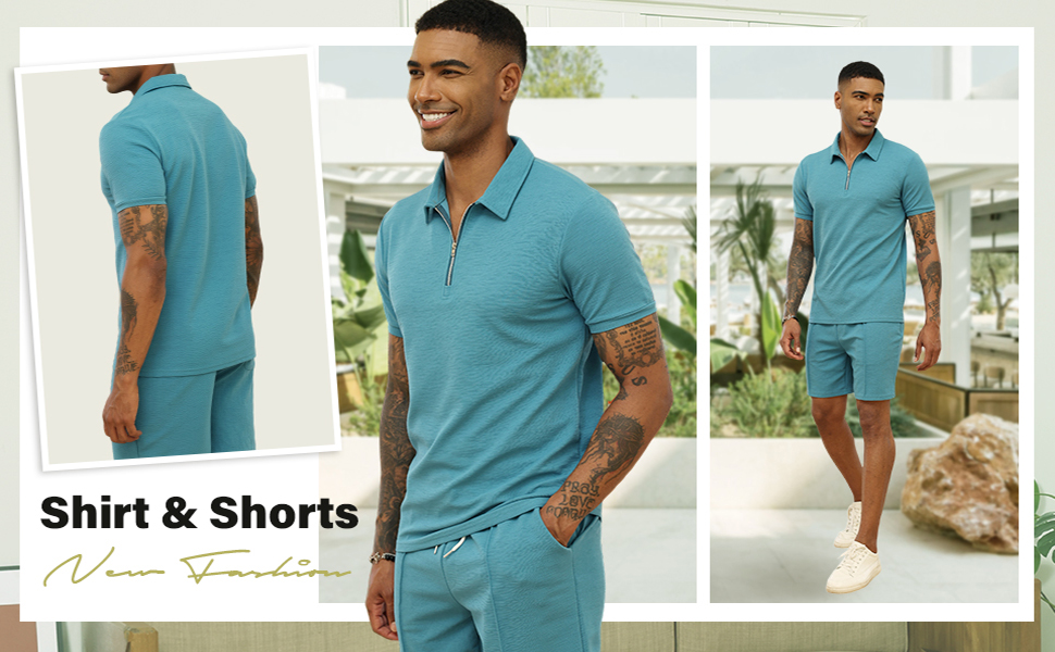 Mens Tracksuit Polo Shirt & Shorts 2 Pieces Summer Outfits Suit Activewear Sweatsuits