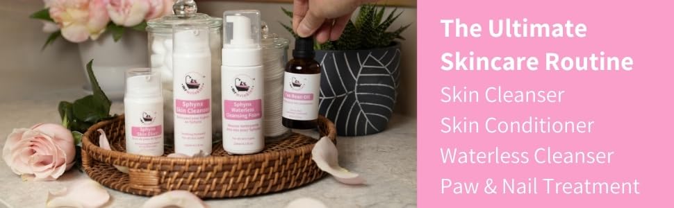 Mr Wrinkles Sphynx skincare products in a basket surrounded by pink rose petals