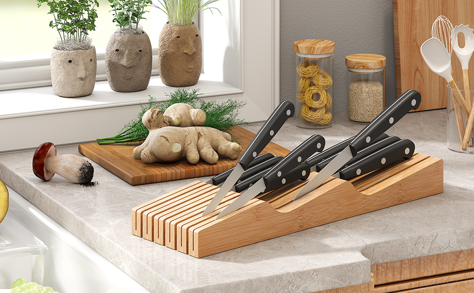 InDrawer Knife Block Organizer Bamboo Wood Drawer Knife