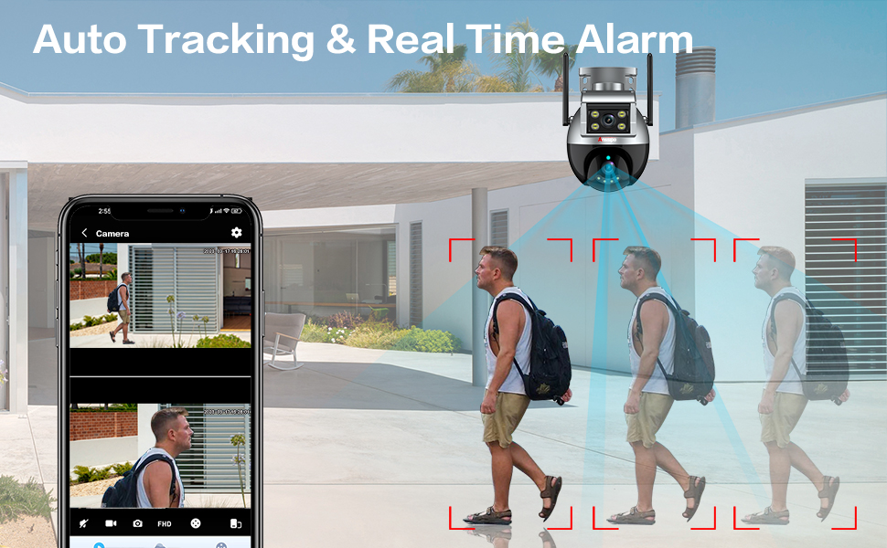 dual lens outdoor camera with auto tracking, real time alarm