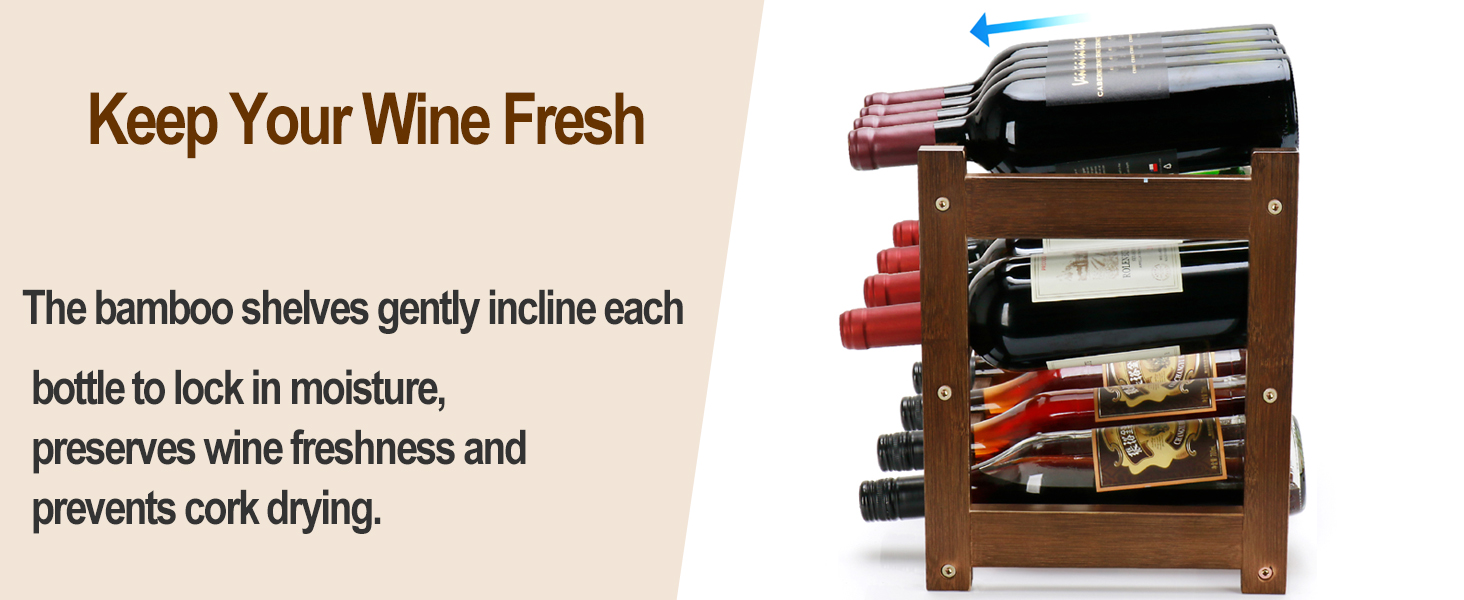 Bamboo Wine Rack, 3-Tier 12 Bottles Wine Storage Cabinet Shelf