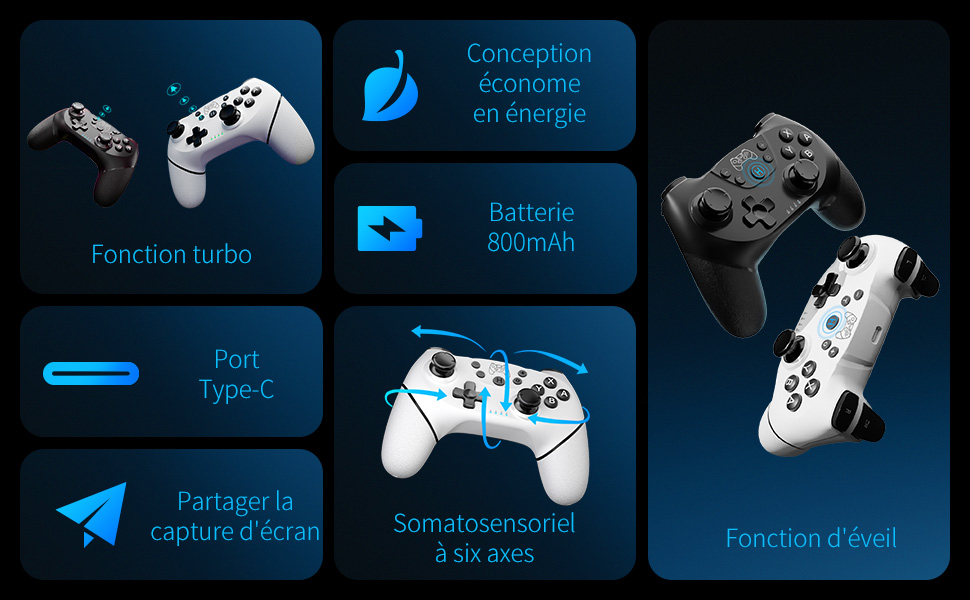 : fonction turbo, batterie 800 mAh, port Type-C, partage de capture, contrôle somatosensoriel à six axes et fonction de réveil. Les options de couleur noir et blanc sont affichées.