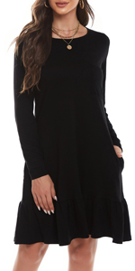 Women's Long Sleeve Black Dresses Cotton Ruffle Loose Casual Party Flowy Tshirt Dress with Pocket
