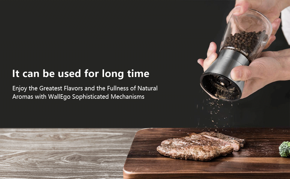 Hand using a grinder to season a cooked steak on a wooden cutting board. Text suggests long-lasting use and natural flavors.