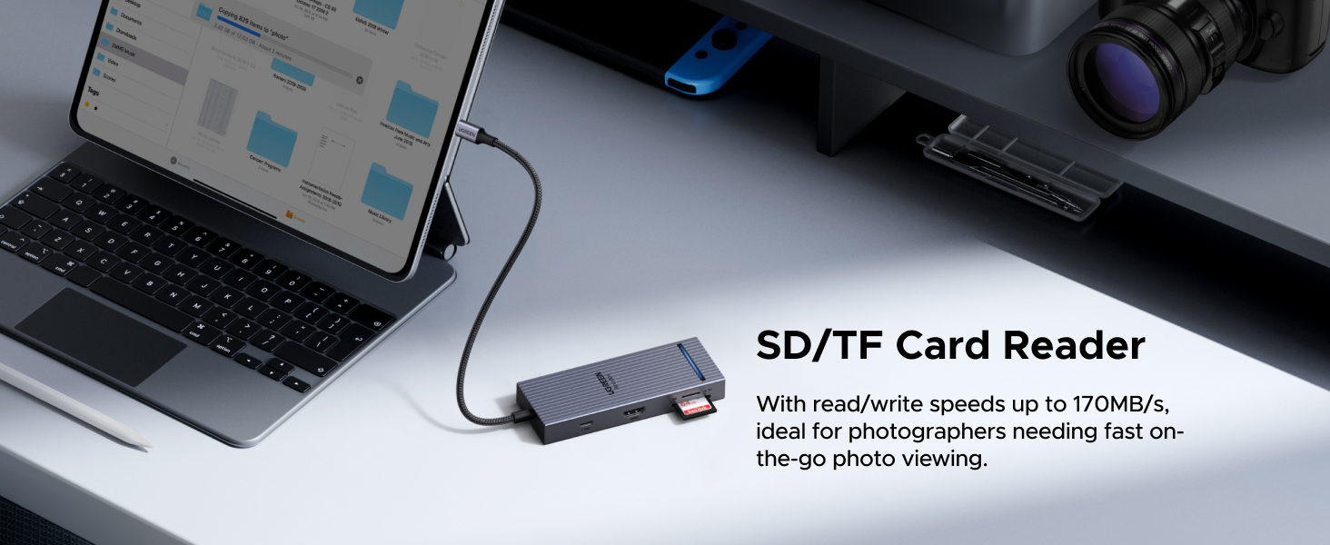SD/TF card reader connected to tablet. Device offers read/write speeds up to 170MB/s, ideal for photographers needing fast on-the-go photo viewing. Blue USB drive visible nearby.