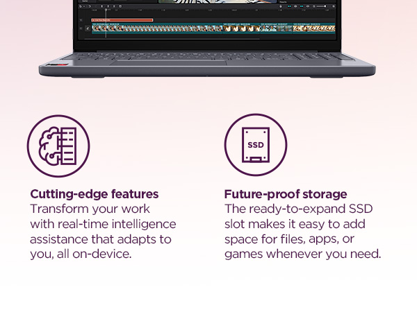 Real-time AI enhances work, expandable SSD adds storage.