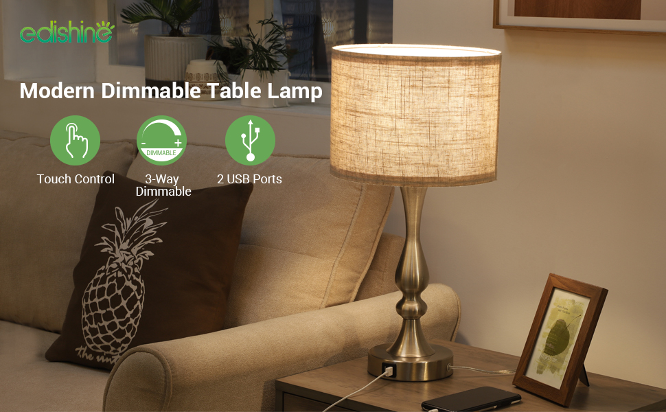 EDISHINE Touch Control Bedside Table Lamp with 2 USB Ports, 3 Way