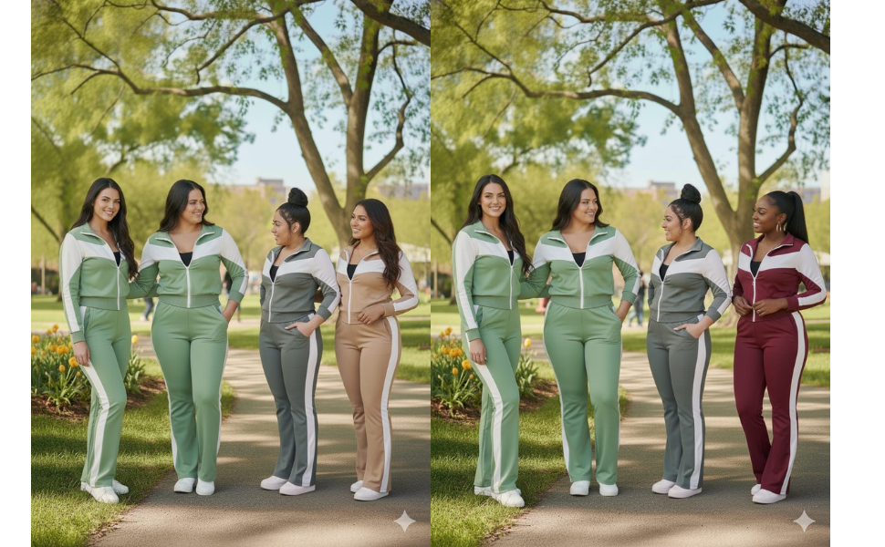 سلسلة صور جماعية تُظهر عدة أشخاص يرتدون ملابس رياضية غير رسمية يقفون في الهواء الطلق في حديقة مع وجود أشجار في الخلفية.