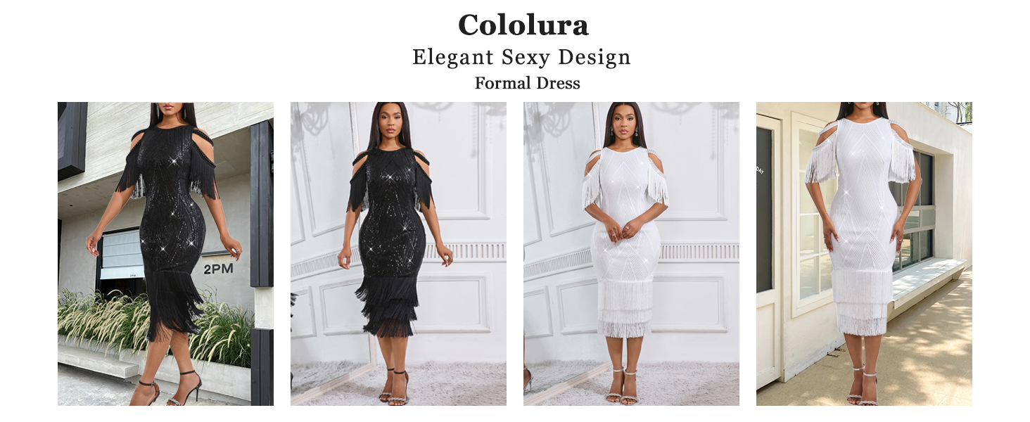 Cololura Sexy Elegant Women Sequin Long Sleeve Tassel Midi Evening Gown Formal Dress