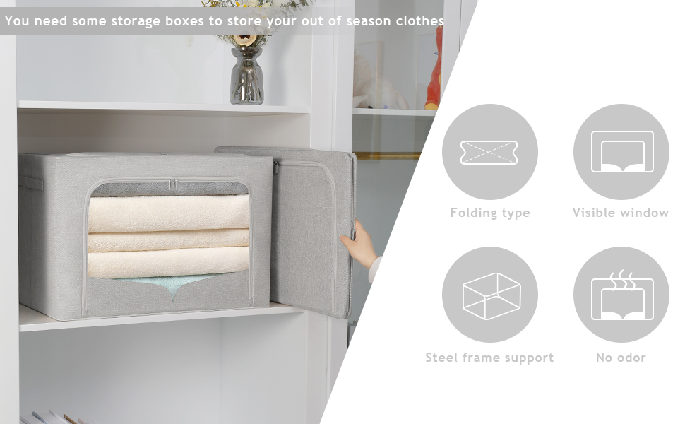 3 Pack Clothes Storage Bins Foldable Metal Frame Storage Box Stackable Linen Fabric