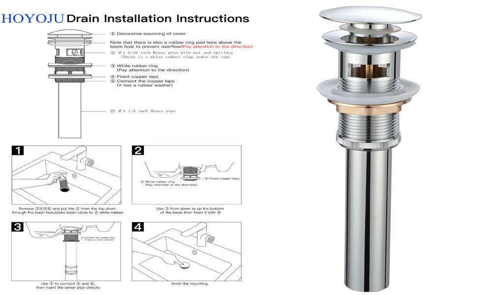 HOYOJU Pop Up Sink Drain with Overflow Bouncing Style