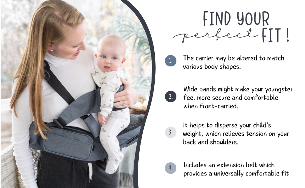Find your perfect fit, three carry positions for carrier. Front, right side, left side
