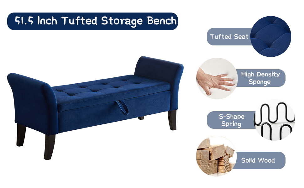 Tomkate 51.5" Storage Bench for Bedroom End of Bed, Velvet