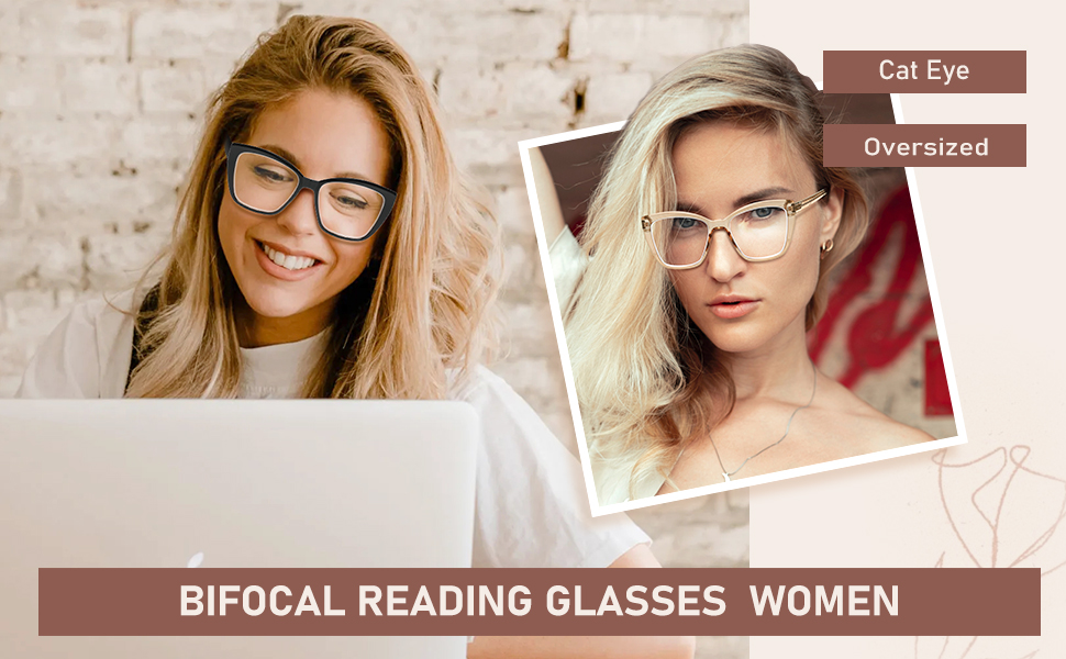 PUBOWT Bifocal Reading Glasses Women Cat Eye Oversized Blue Light Blocking Computer Readers PT2001