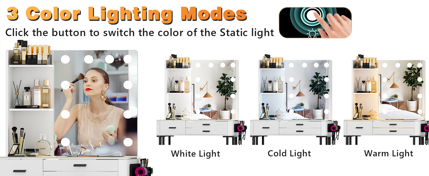 yoofun 3in1 Hollywood Dressing table with 3 Color Lights and Mirror