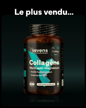 Flacon en verre ambré du supplément de collagène Sevens Nutrition. Contient du collagène marin avec du magnésium, de l'acide hyaluronique et de la coenzyme Q10. Le texte français indique qu'il s'agit d'un best-seller