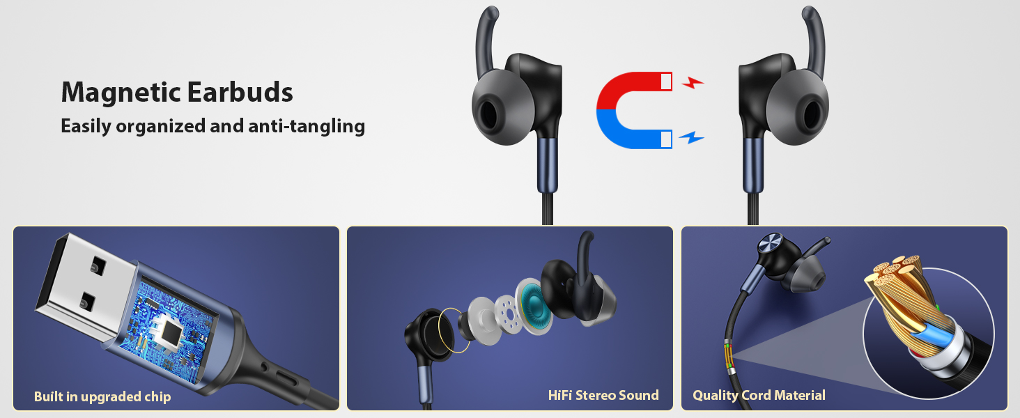 usb earbuds with magntic ear buds and quality chip and long cord