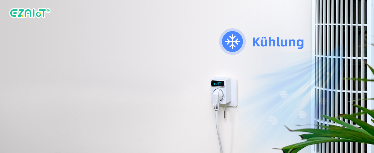 Wandmontiertes Kühlgerät mit weißer Außenseite und sichtbarem Lüftungsgitter, blaues Kühlanzeigesymbol