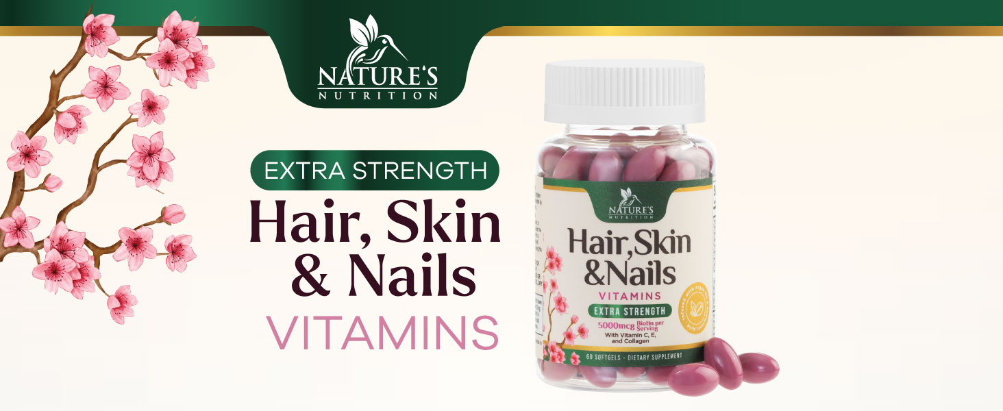 Nature's Nutrition Hair, Skin & Nails Vitamins C, E, Collagen, Biotin, Folic Acid Capsules