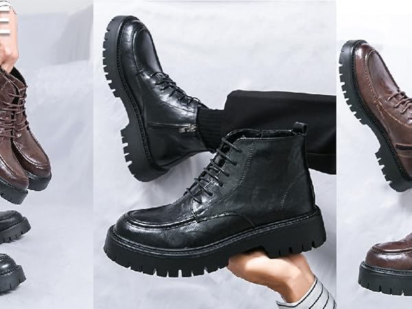 Amazon.com | Men's Textured Leather Platform Chunky Low Heel