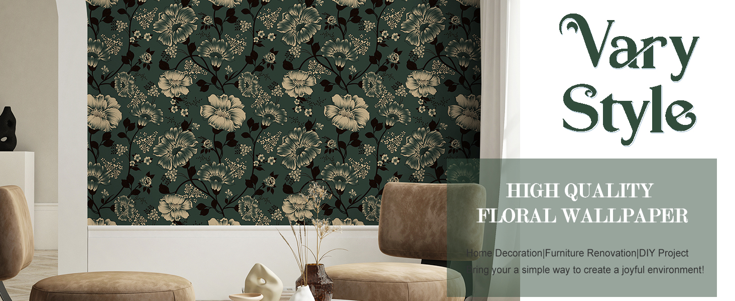 Vintage Green Floral Wallpaper Dark Green Floral Peel and Stick Wallpaper Green Floral Contact Paper