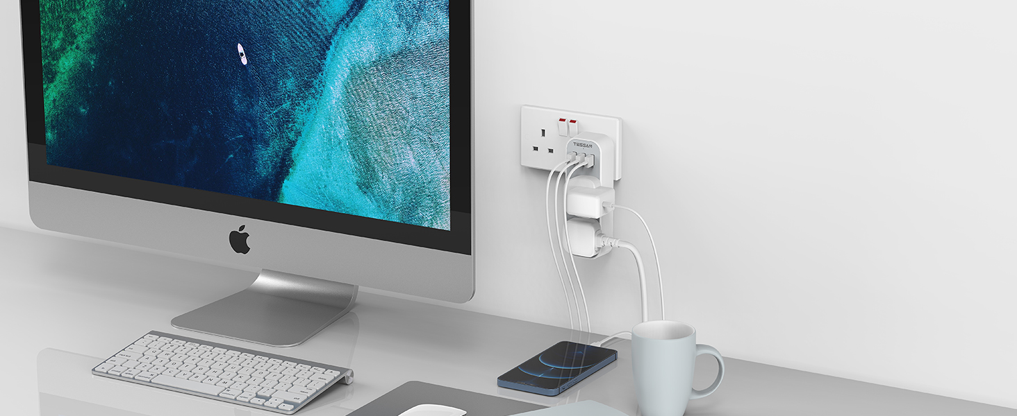 Plug Adapter with 3 USB, TESSAN Double Plug Adaptor Multi Plug