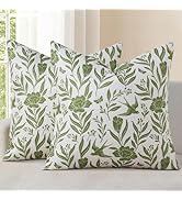 decorUhome Floral Throw Pillow Covers 18x18 Inch Set of 2, Sage Green Vintage Block Print Linen F...
