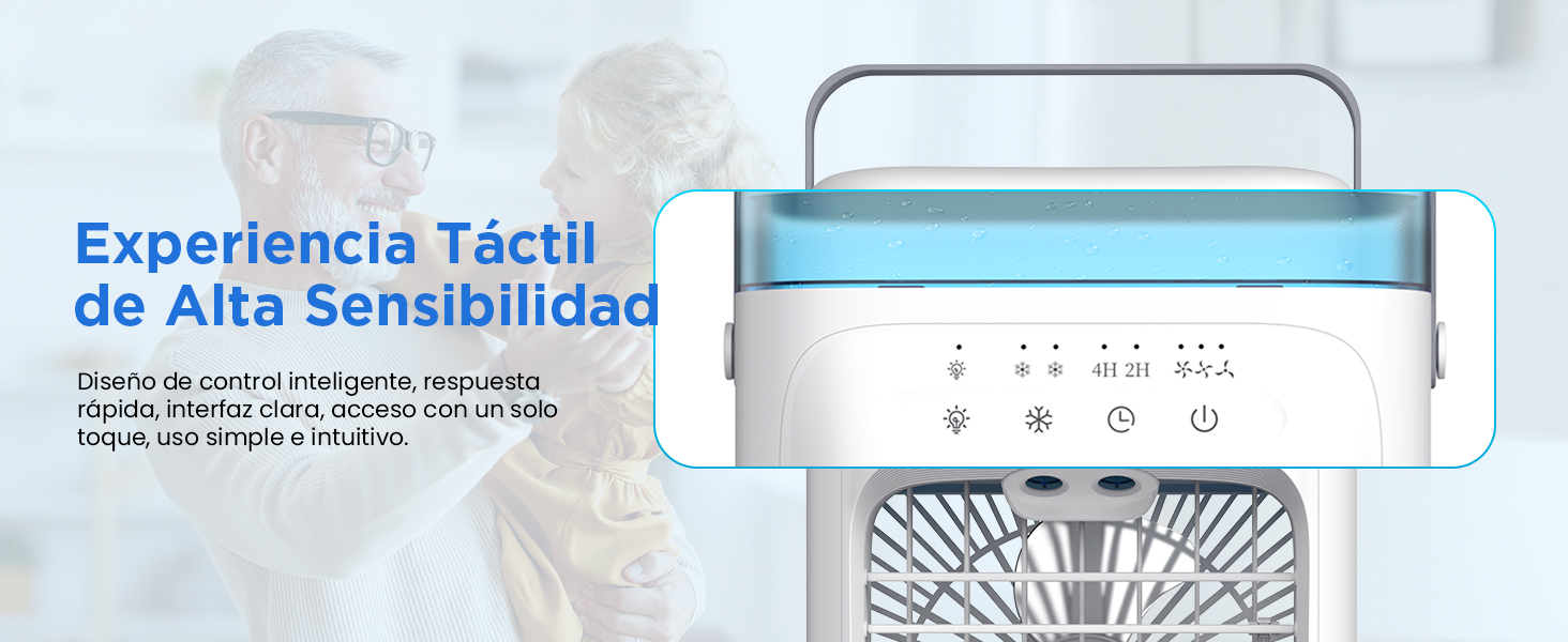 El texto dice «Experiencia táctil de Alta Sensibilidad». Diagrama técnico del producto que muestra varias vistas de lo que parece ser un dispositivo electrónico o una interfaz.
