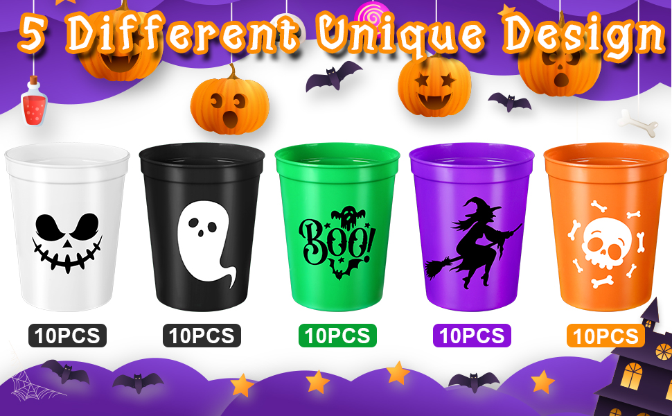 Erweicet 50 PCS Halloween Plastic Party Cups 16 oz Colorful Halloween Disposable