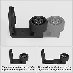 Black door hinge with adjustable roller. Three images show different views. Text indicates minimum thickness of 25mm and maximum of 60mm for door panels.