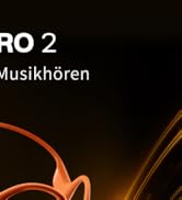 Dunkles Werbebild für das Audioprodukt „Musikhören“ mit dem Text „PRO 2“ und orange leuchtenden abstrakten Kurven