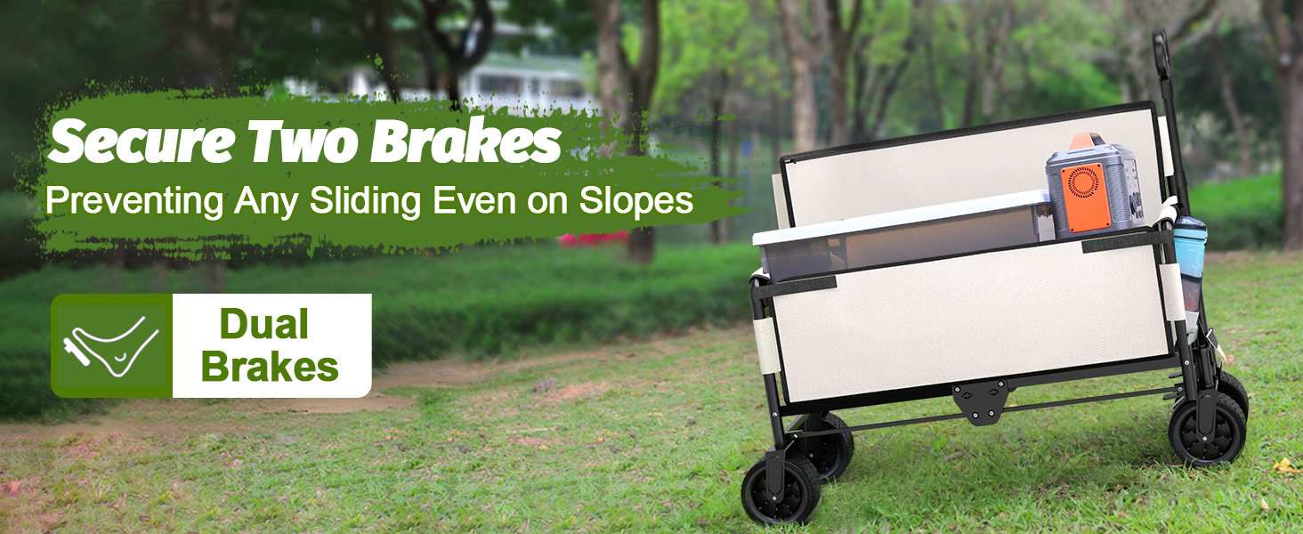 Foldable outdoor cart with dual brakes, advertised as preventing sliding on slopes. Features large wheels and a collapsible design for easy transport and storage.