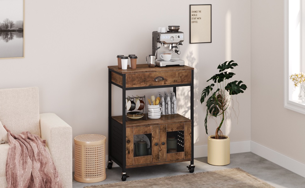 Farmhouse Coffee Bar Cart with Storage, Small Kitchen Islands on Wheels, Industrial