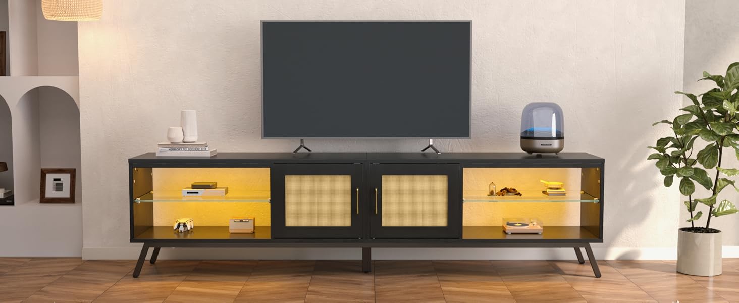 Bestier テレビ台 テレビボード 幅203cm tv台 55/65/75/85型対応 ラタン調扉収納 ローボード 木製 ロータイプ おしゃれ 収納棚付き