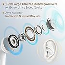 Text reads '13mm Large Titanized Diaphragm Drivers for Extraordinary Sound Quality' and 'Alive Audio for Immersive Surround Sound'. Exploded view diagram of earphone components.