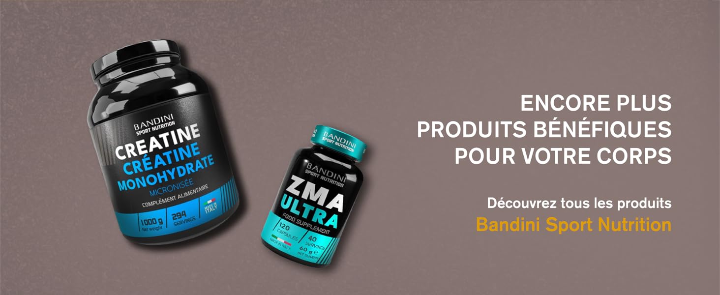 Deux contenants de suppléments de nutrition sportive : un grand contenant noir de créatine et un plus petit contenant bleu de formule ZMA