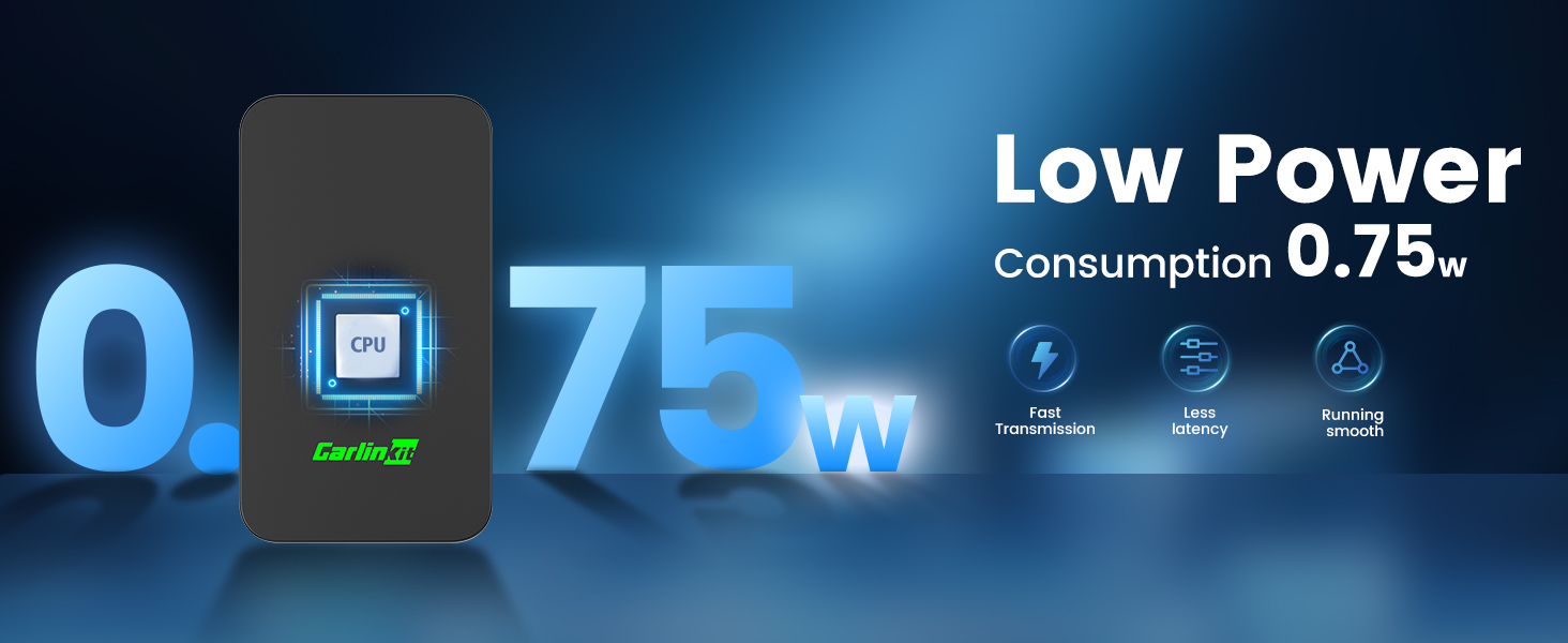 Product advertisement showing '0.75W' in blue illuminated text, highlighting low power consumption feature with additional power-saving icons.