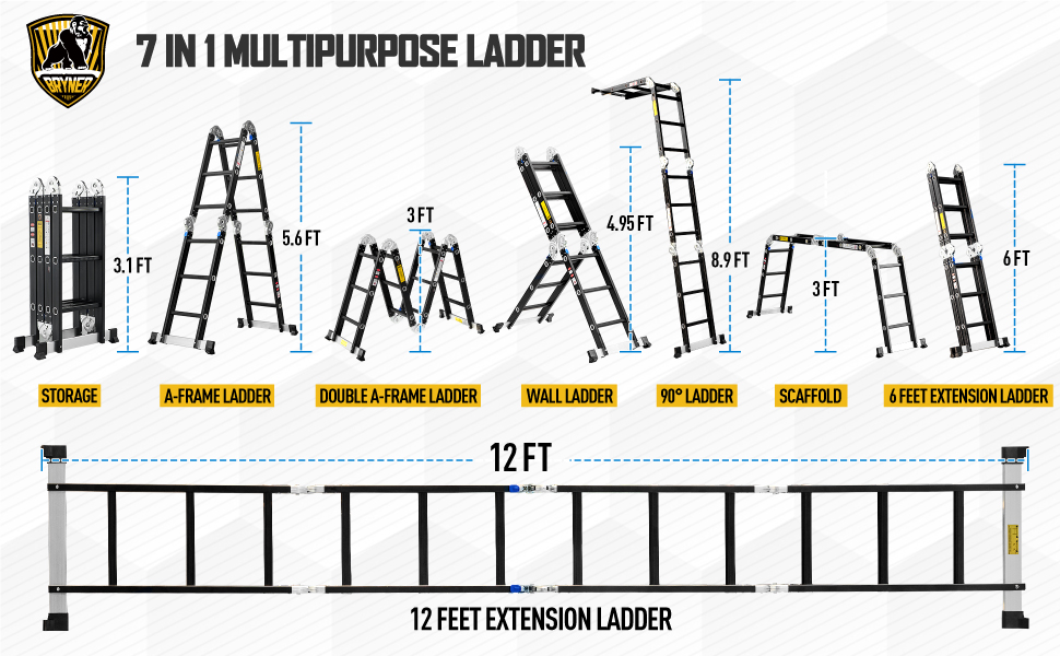 Step Ladder, Bryner Ladder 7 in 1 MultiPurpose Ladder Extension 12Ft