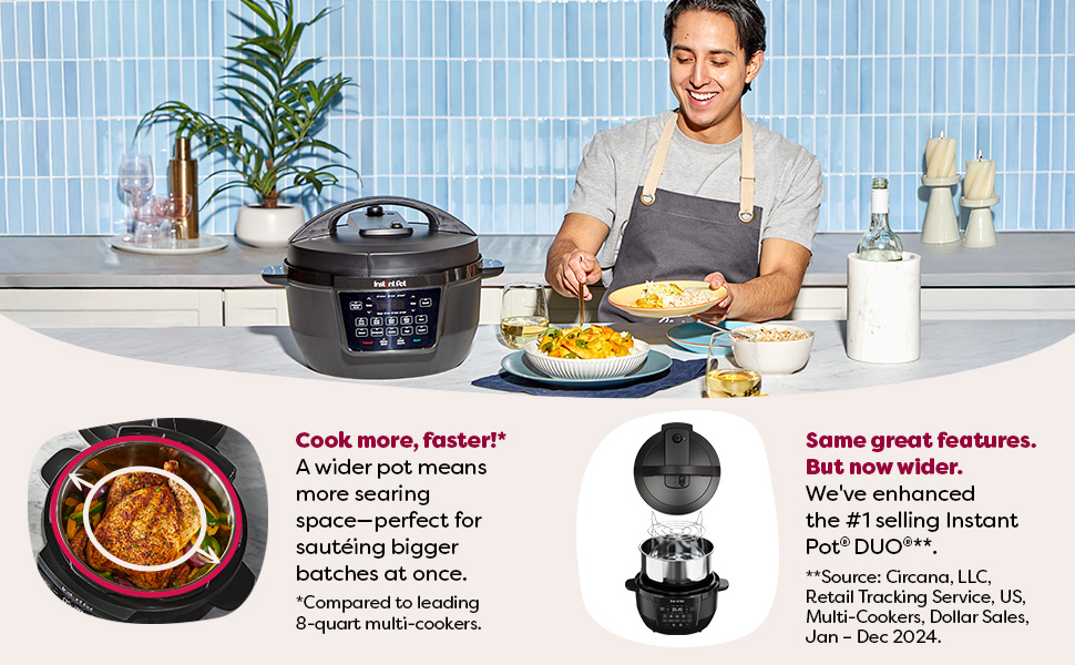 Man enjoying pasta in his kitchen. Text highlights enhanced searing space and features wider pot.