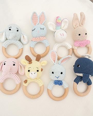 Our Rattle Set: Whale, Unicorn, Giraffe, Pink elephant, Blue Elephant, Blue Rabbit, Cream Rabbit
