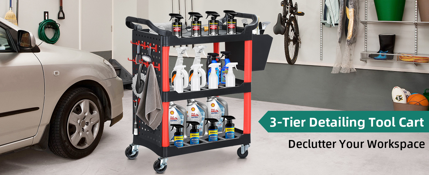 YITAHOME Auto Detailing Cart with Wheels, 3 Tier Rolling