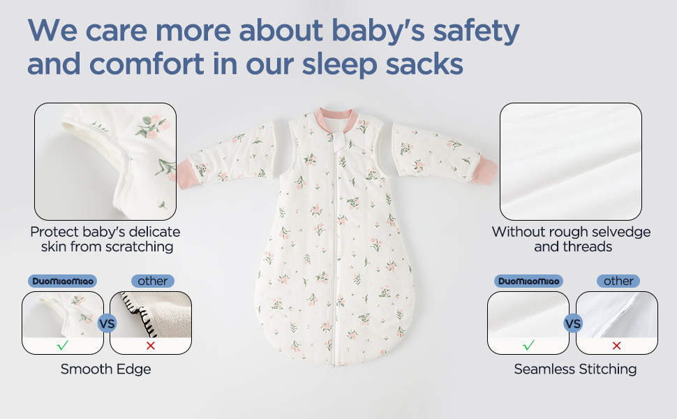 Baby sleep sack product features diagram showing smooth edge construction and seamless stitching details, with white garment displayed in center.