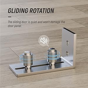 Text reads 'GLIDING ROTATION' and 'The sliding door is quiet and won't damage the door panel.' Image shows metal door mounting hardware with rollers.