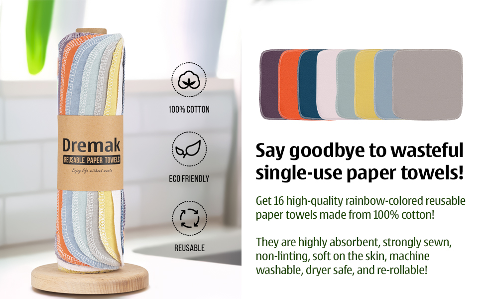 Reusable Paper Towels Washable Roll Pack of 16 Kitchen